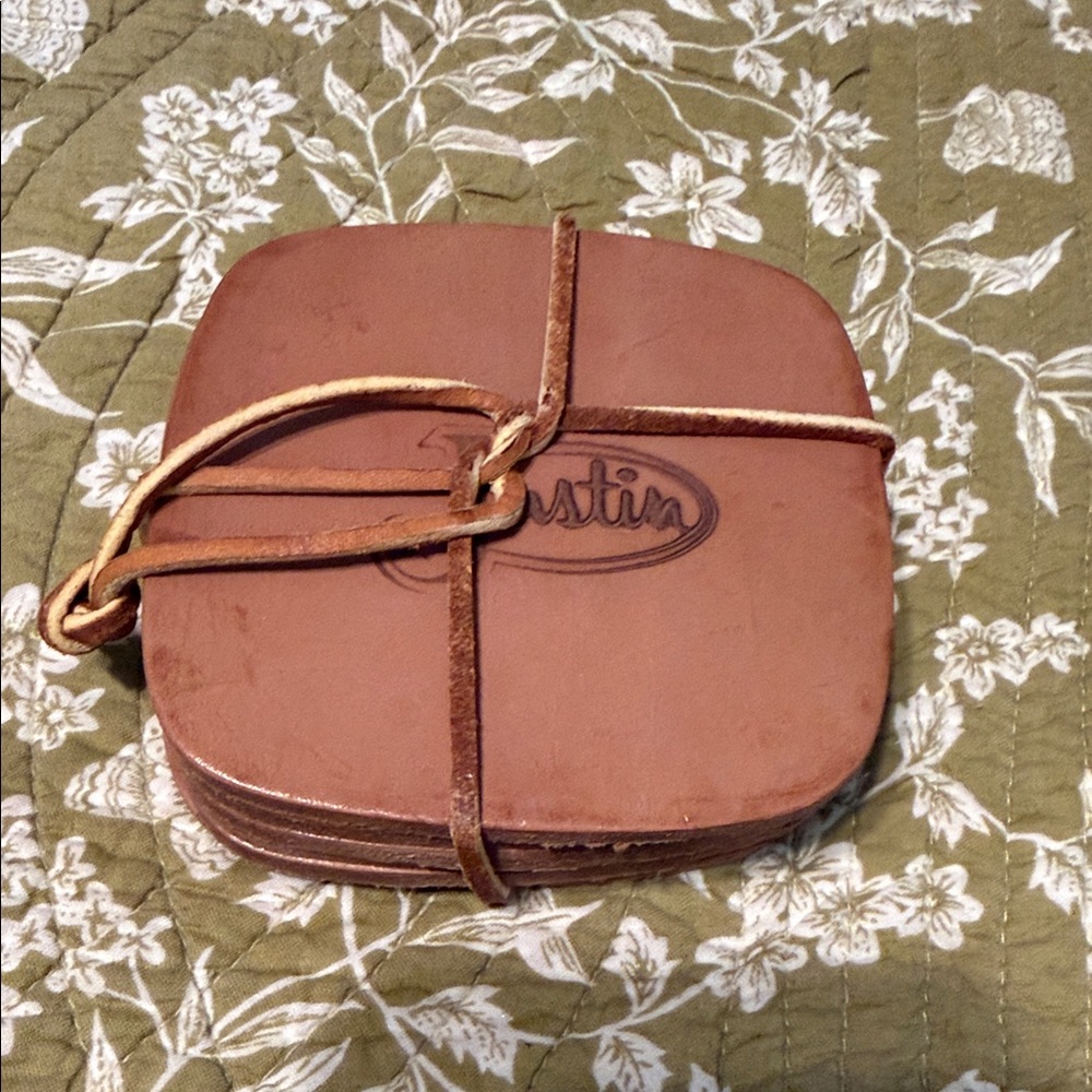 Justin Brown Leather Coasters with Strap - Rustic Set